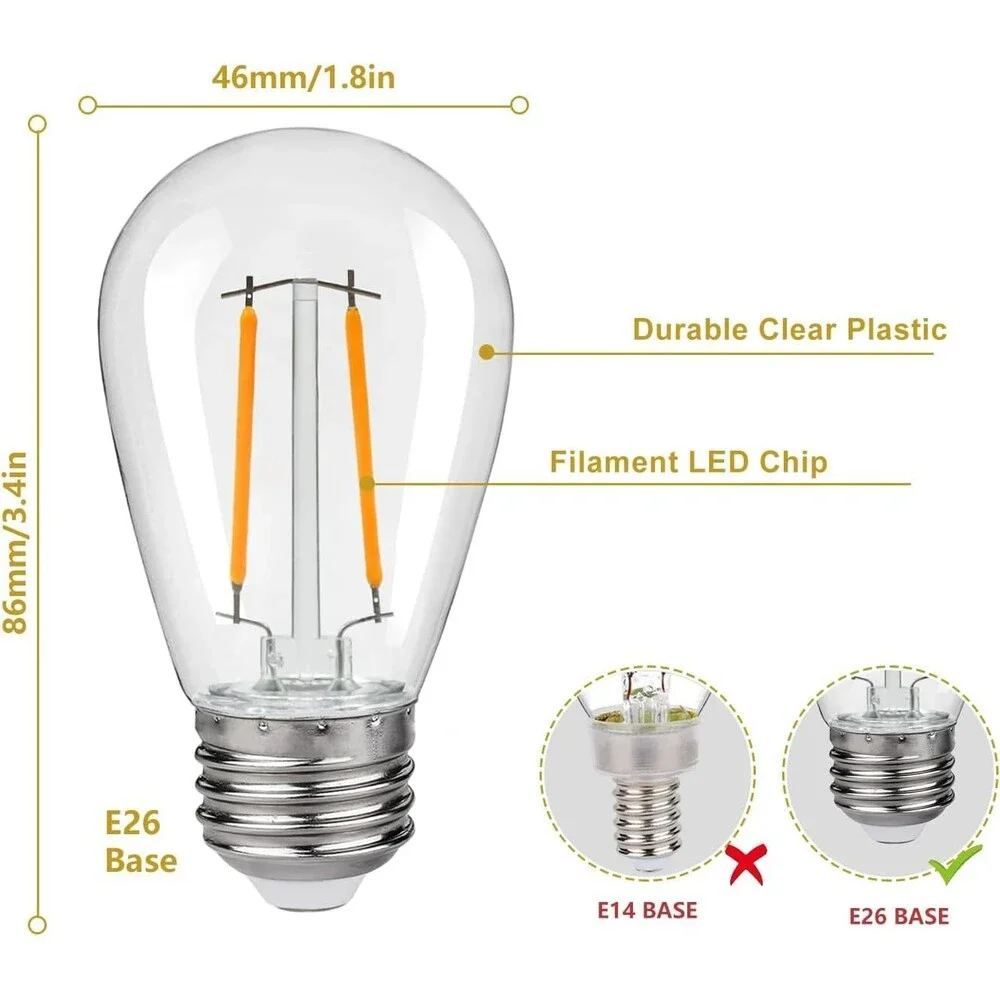 LED S14 Edison Bulb 48 Pack 2W 150LM Shatterproof Outdoor Plastic E26 Base